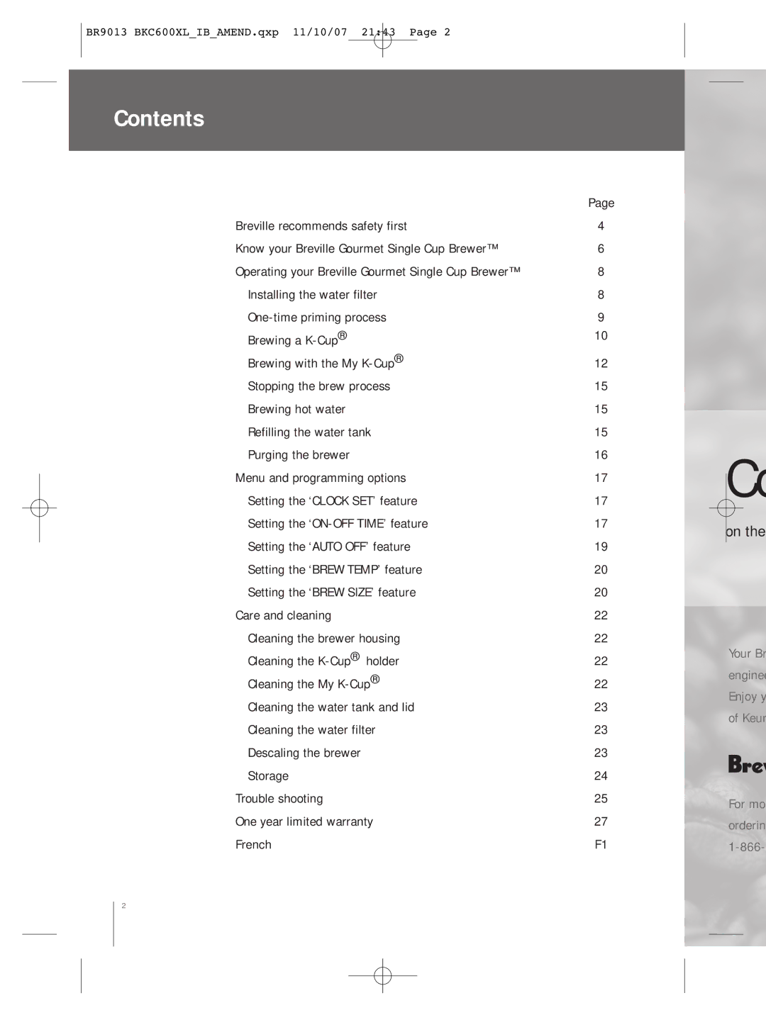 Breville BKC600XL manual Contents 