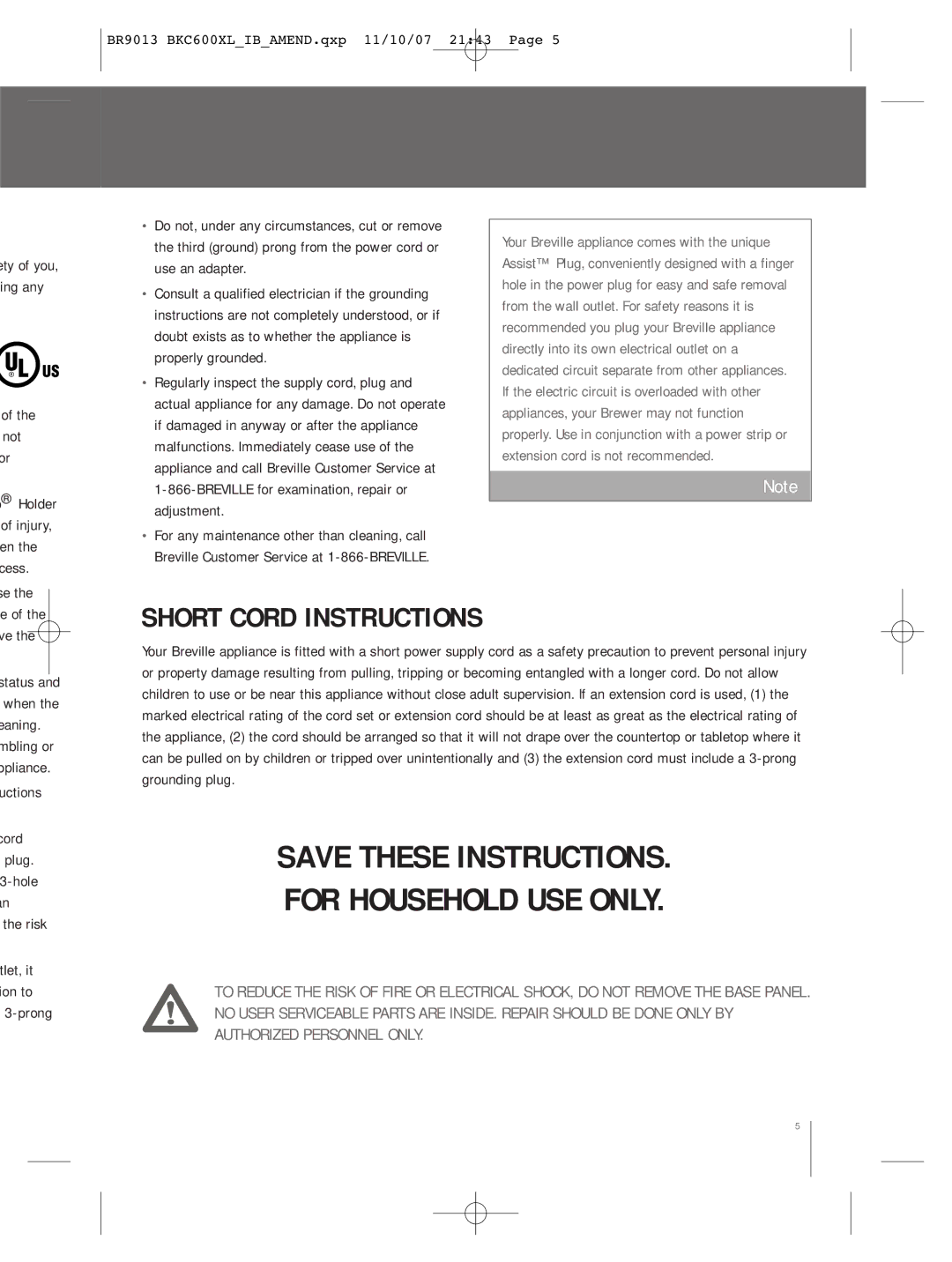 Breville BKC600XL manual Not or, Uctions Cord plug, Risk Tlet, it ion to 3-prong 