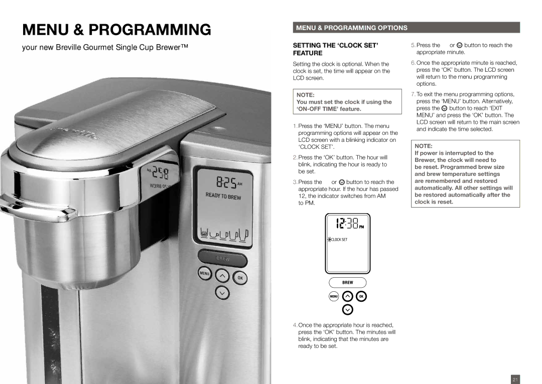 Breville BKC600XL/BKC700XL manual Menu & Programming, Menu & programming options, Setting the ‘CLOCK SET’ feature 