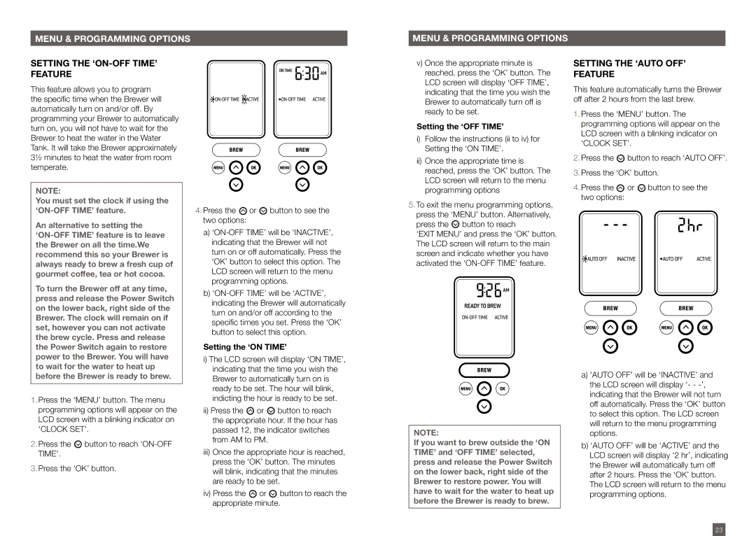 Breville BKC600XL/BKC700XL Setting the ‘ON-OFF TIME’ feature, Setting the ‘AUTO OFF’ Feature, Press the button to reach 