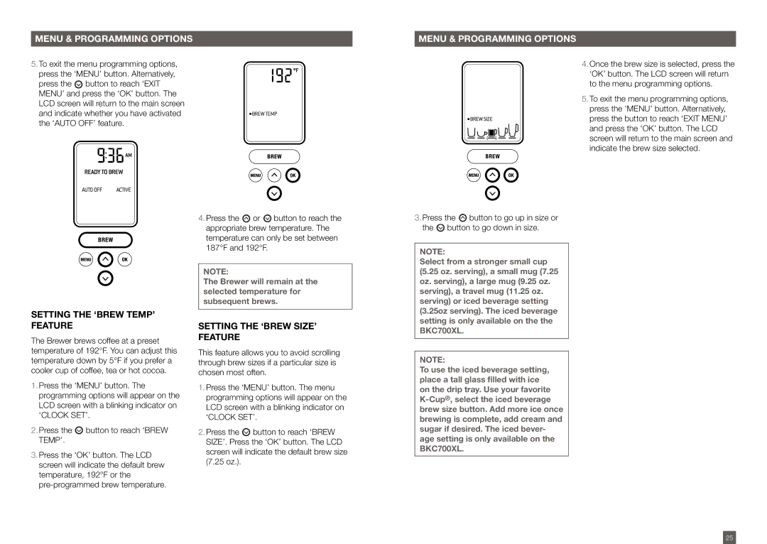 Breville BKC600XL/BKC700XL manual Setting the ‘BREW TEMP’ feature, Setting the ‘BREW SIZE’ feature 