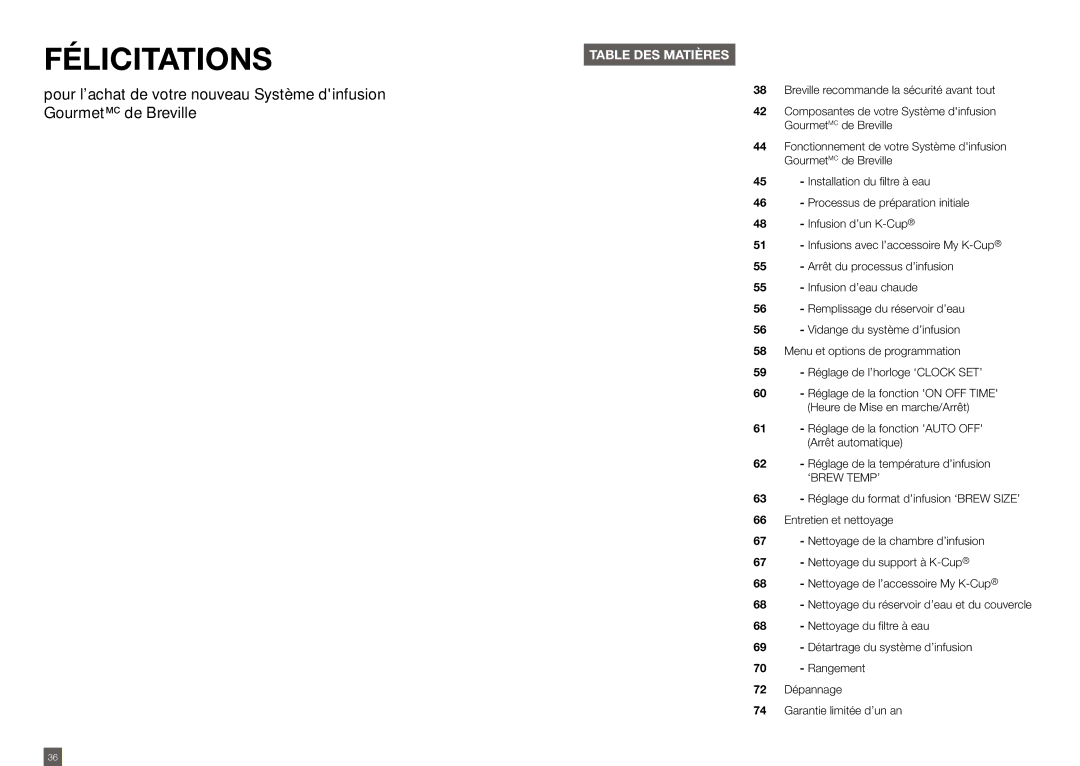 Breville BKC600XL/BKC700XL manual Félicitations, Table des matières 