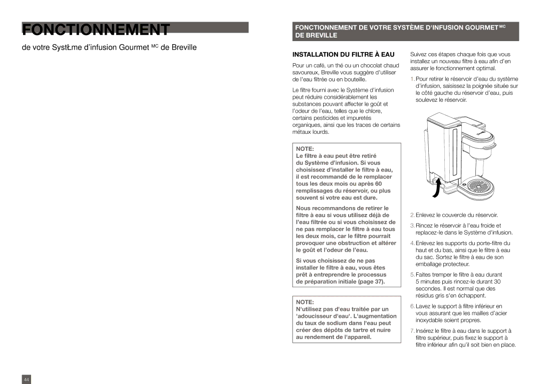 Breville BKC600XL/BKC700XL manual Fonctionnement, Installation du filtre à eau, Enlevez le couvercle du réservoir 