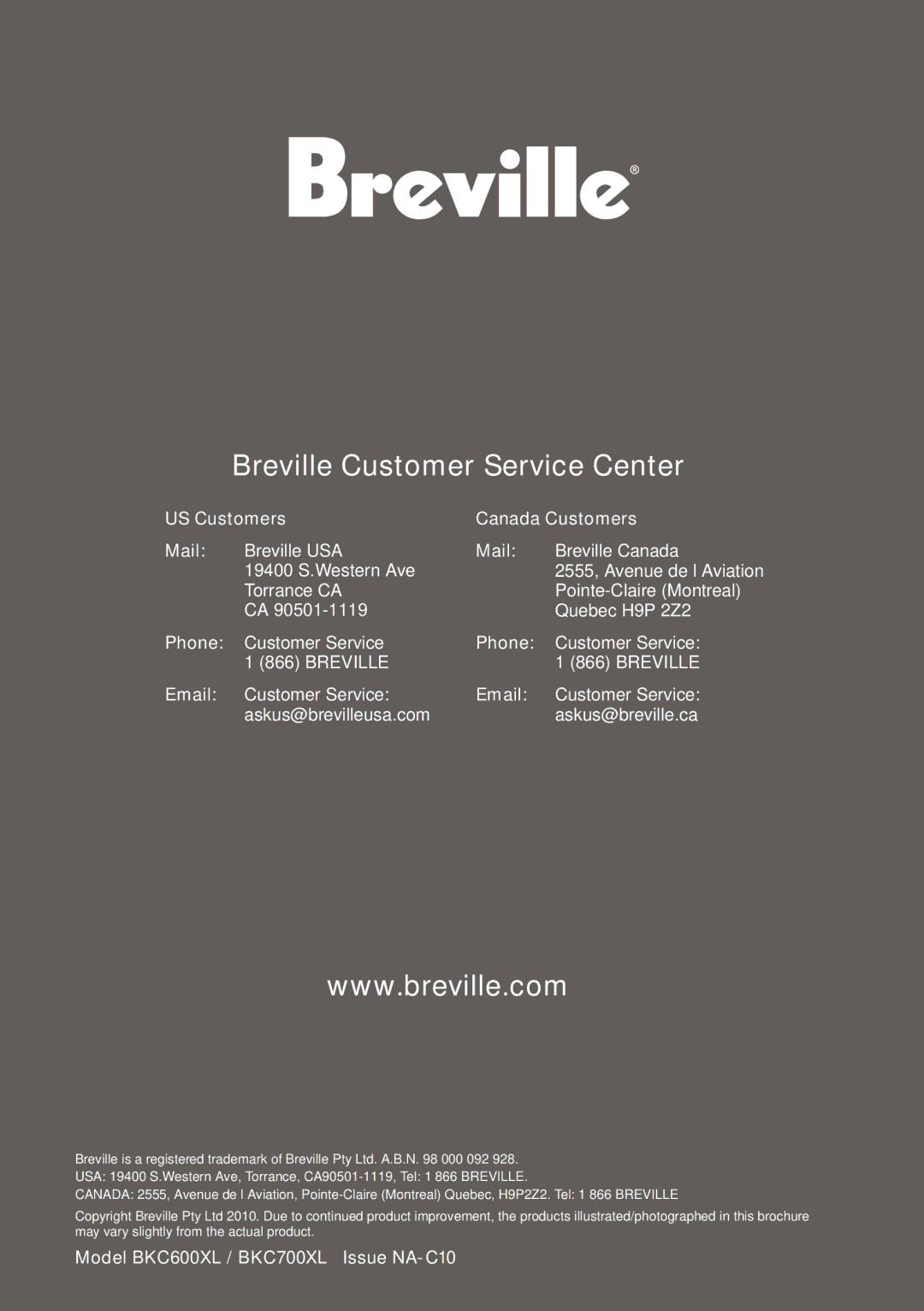 Breville BKC600XL/BKC700XL manual Breville Customer Service Center 