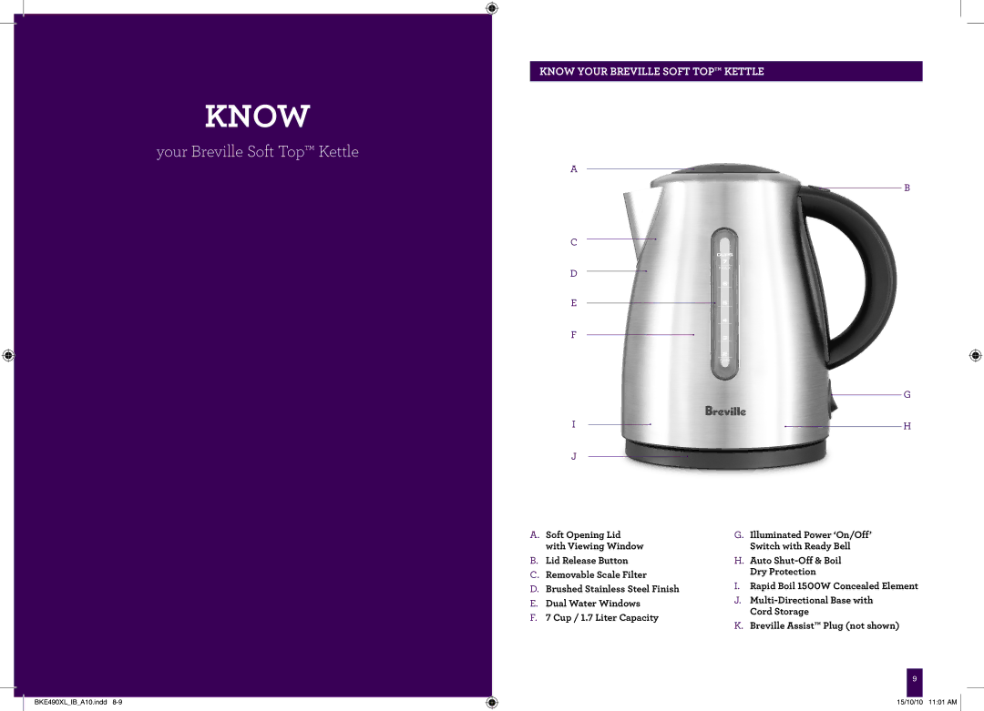 Breville BKE490XL manual Know, Your Breville Soft Top Kettle 