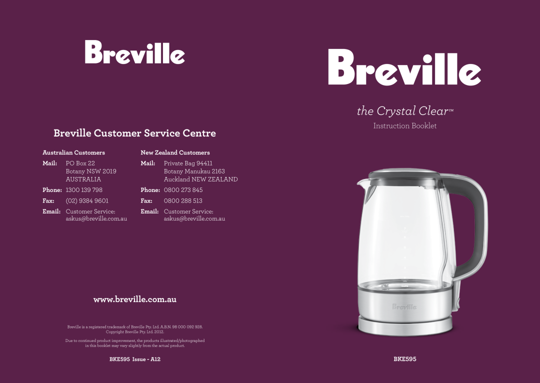 Breville BKE595 manual the Crystal Clear, Breville Customer Service Centre, Instruction Booklet, Australian Customers 