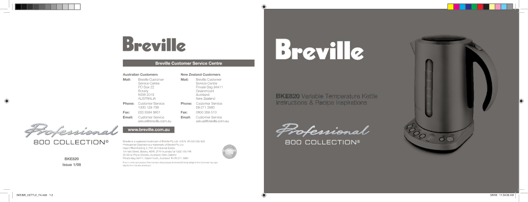 Breville BKE820 brochure Breville Customer Service Centre, Customer Service Askus@breville.com.au 