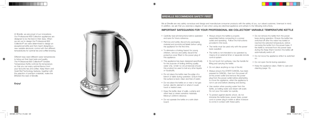 Breville BKE820 brochure Breville Recommends Safety First, Enjoy 