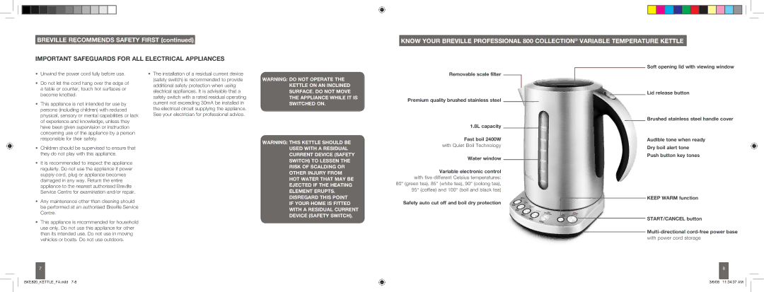 Breville BKE820 brochure Breville Recommends Safety First, Important Safeguards for ALL Electrical Appliances 