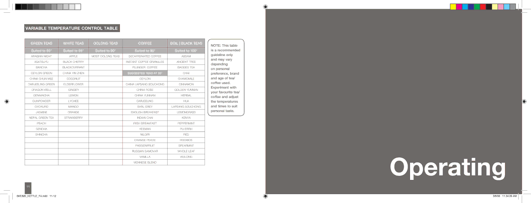 Breville BKE820 brochure Variable Temperature Control Table, Green Teas White Teas Oolong Teas Coffee Boil Black Teas 