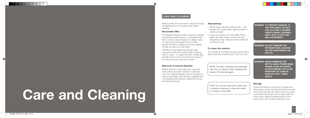 Breville BKE820 brochure Care and Cleaning 