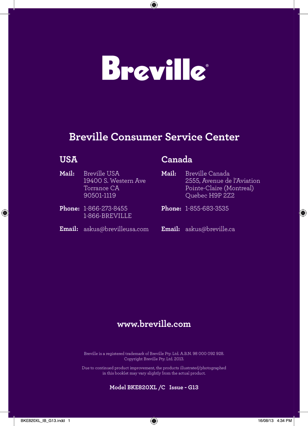 Breville BKE820XL, the IQ Kettle manual Mail, Phone 