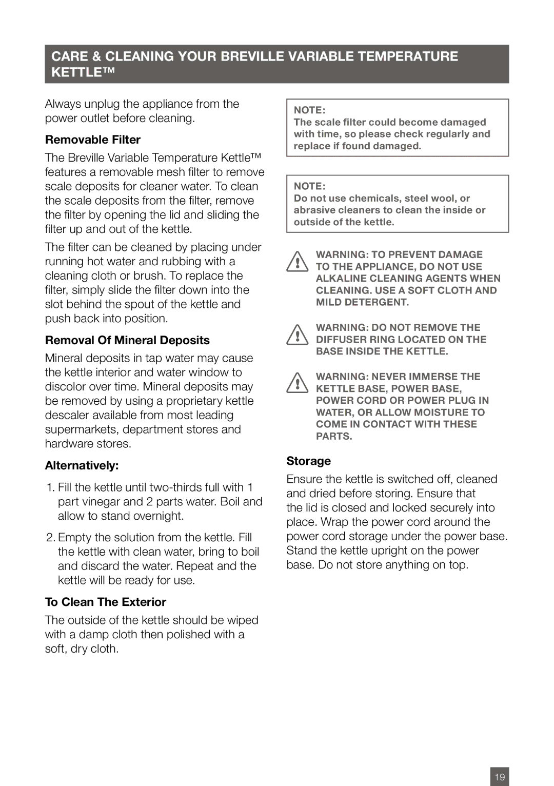 Breville BKE820XL manual Care & Cleaning Your Breville Variable Temperature Kettle 