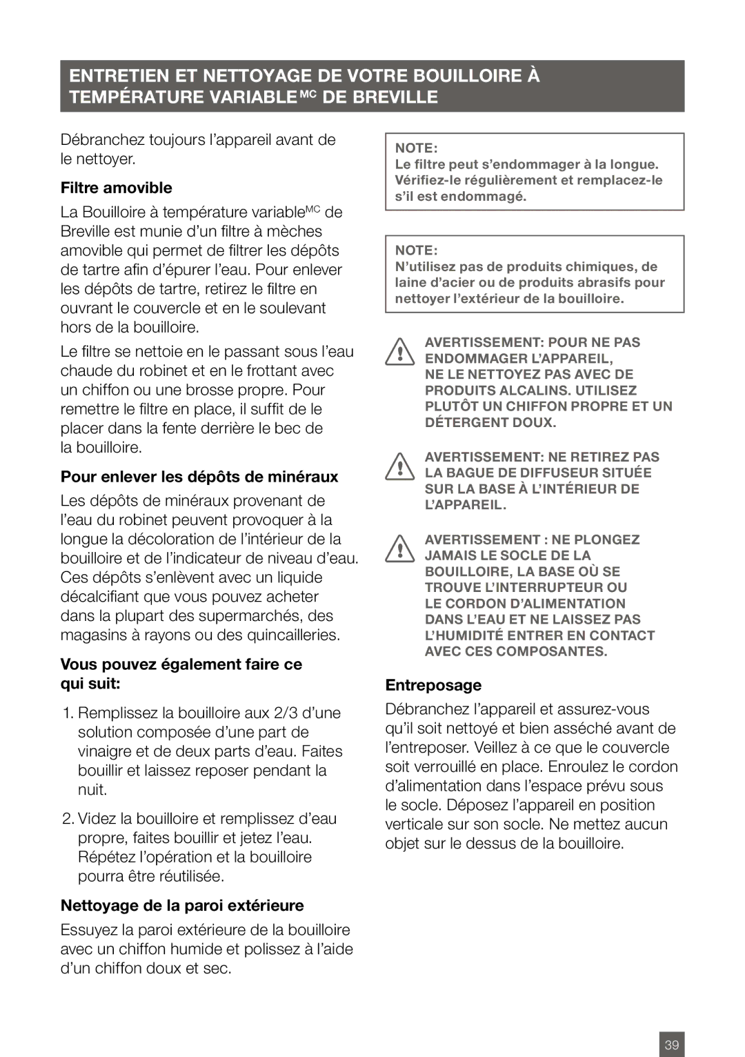 Breville BKE820XL manual Filtre amovible, Pour enlever les dépôts de minéraux, Vous pouvez également faire ce qui suit 