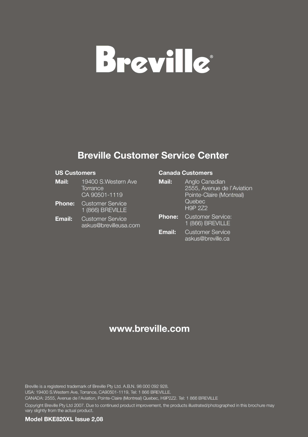 Breville BKE820XL manual Breville Customer Service Center 