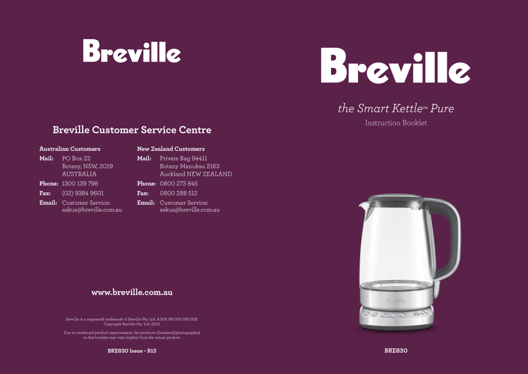 Breville BKE830 manual the Smart Kettle Pure, Breville Customer Service Centre, Instruction Booklet, Australian Customers 