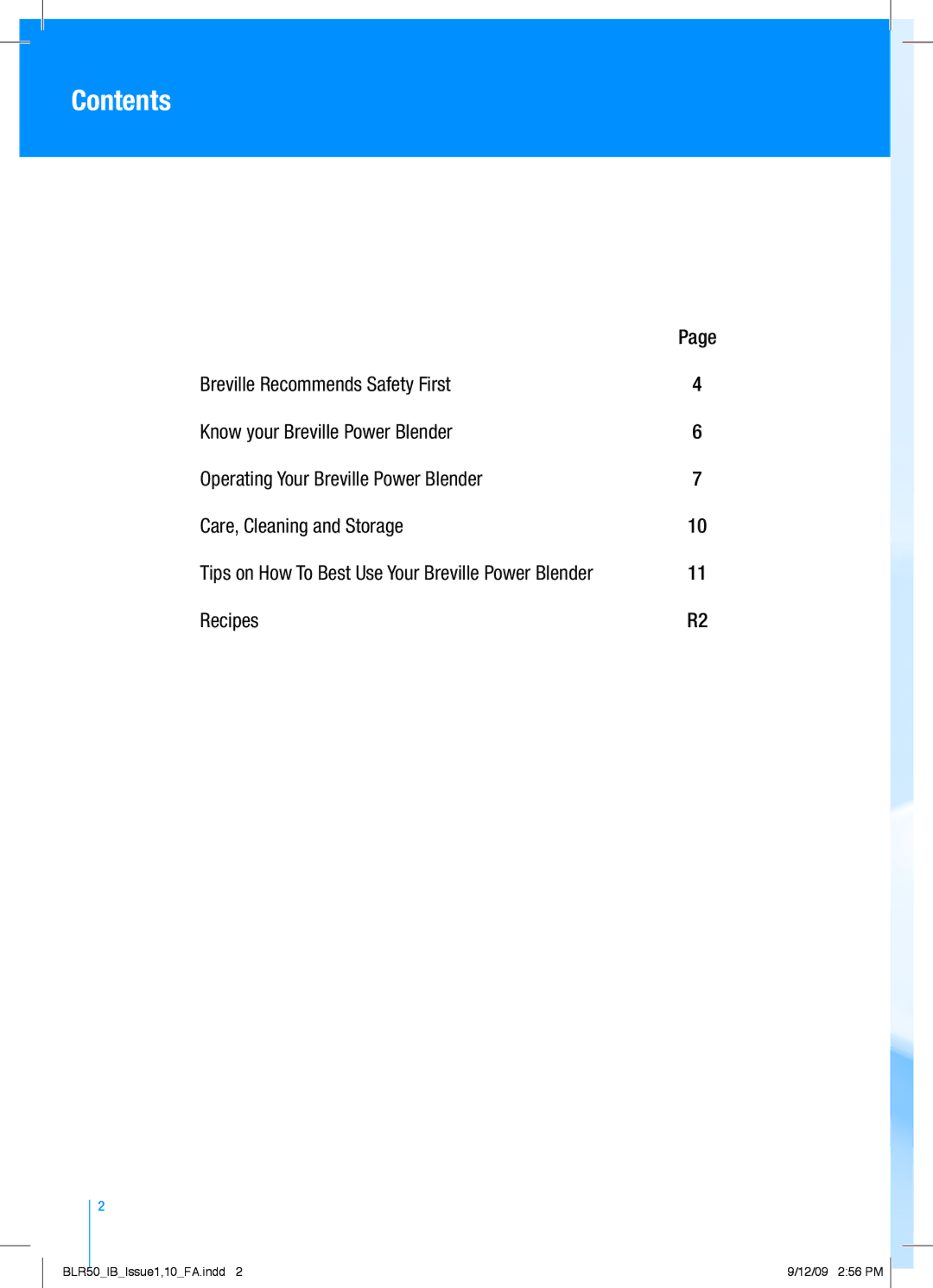 Breville BLR50 manual Contents 