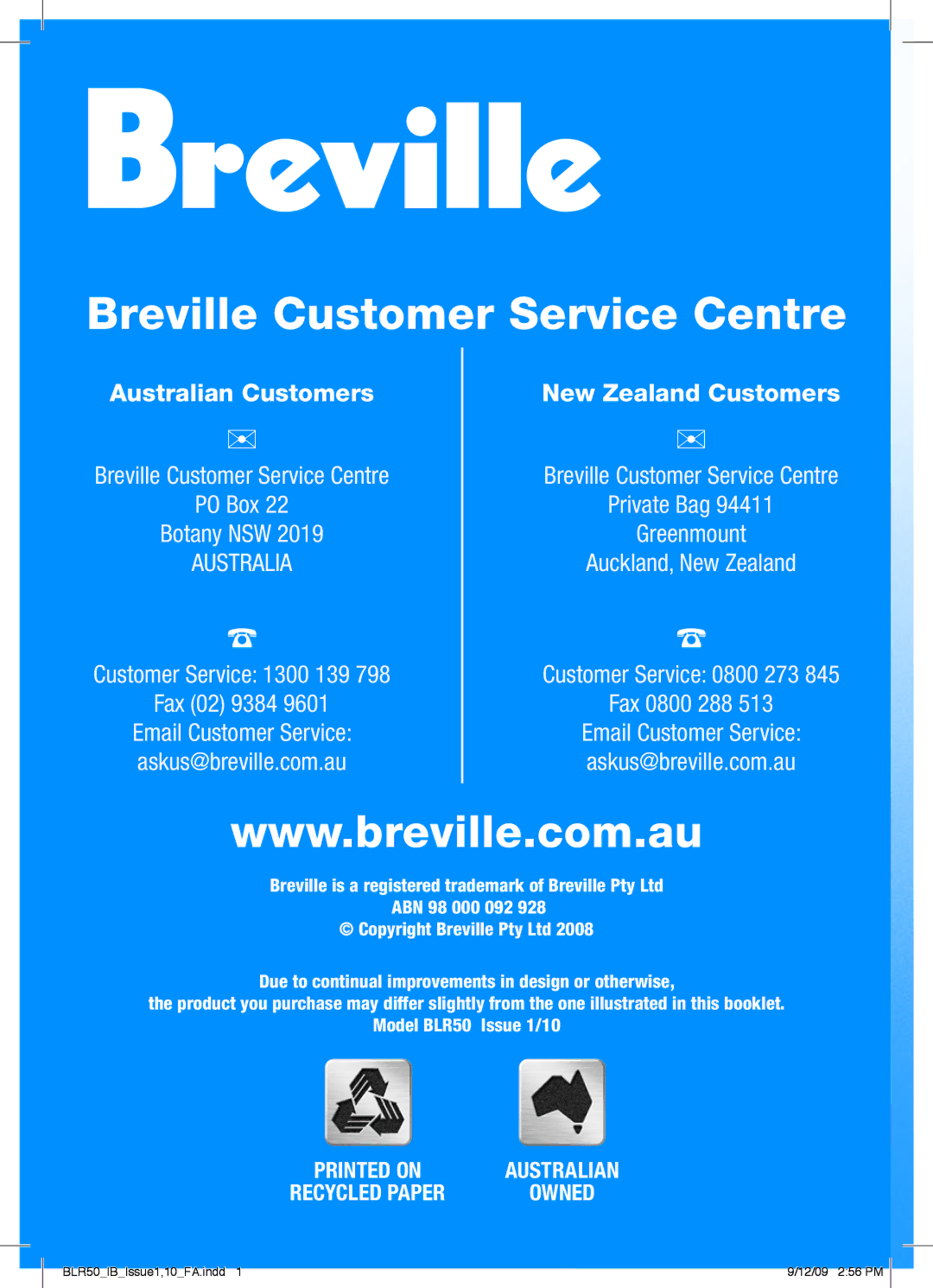 Breville BLR50 manual Breville Customer Service Centre 