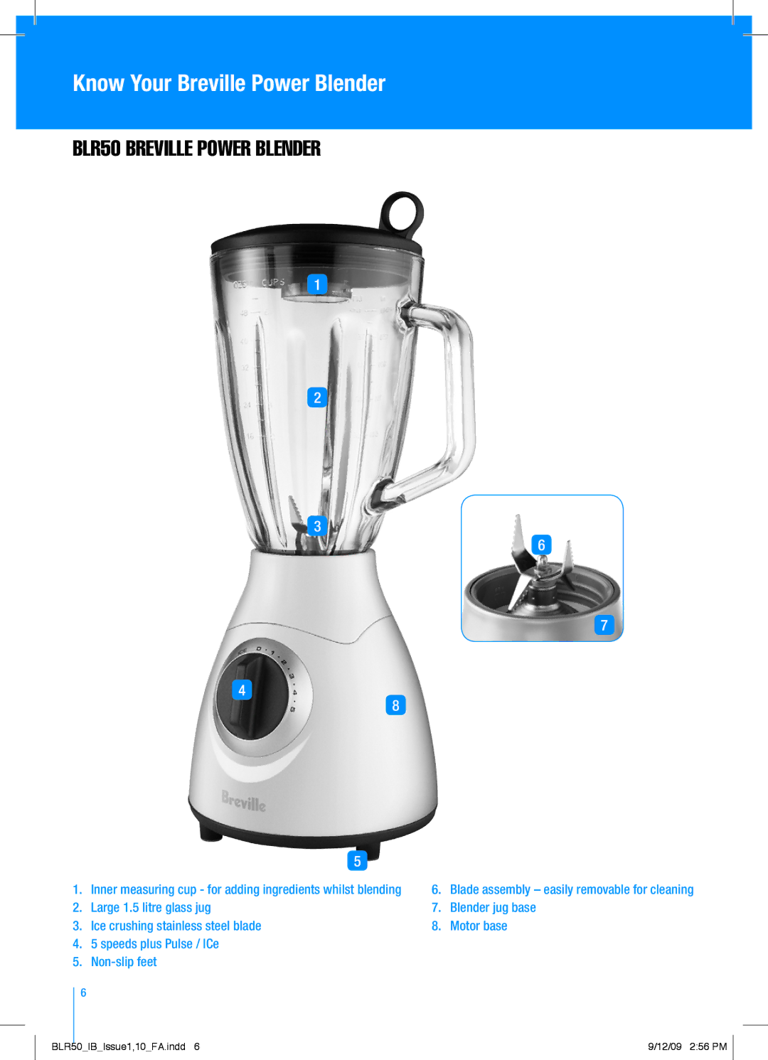 Breville BLR50 manual Know Your Breville Power Blender, Blr50 breville power blender 