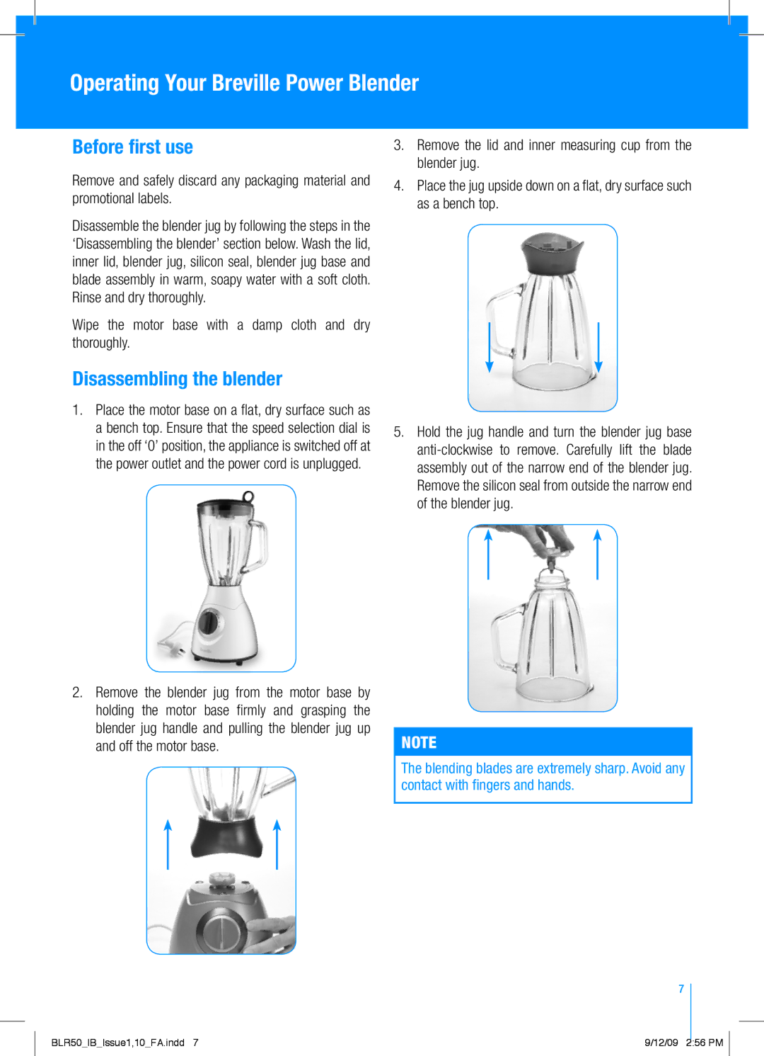 Breville BLR50 manual Operating Your Breville Power Blender, Before first use, Disassembling the blender 