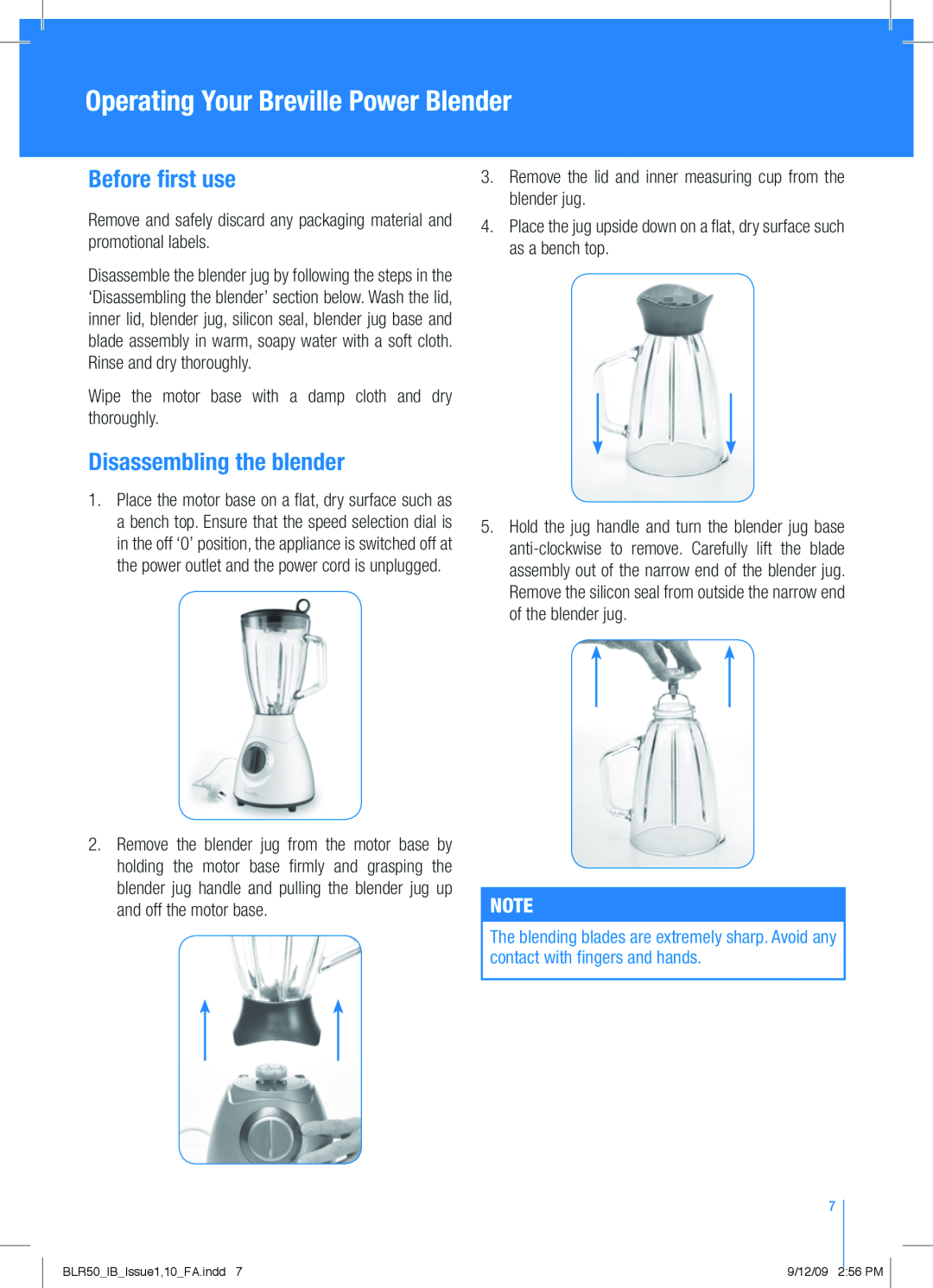 Breville BLR50 manual Operating Your Breville Power Blender, Before first use, Disassembling the blender 