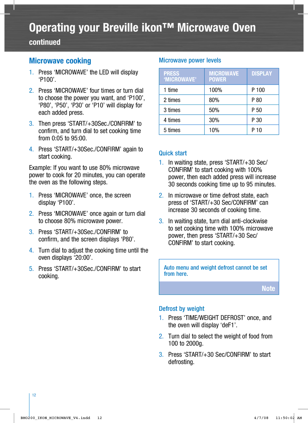 Breville BM0200 manual Microwave cooking, Microwave power levels, Quick start, Defrost by weight 