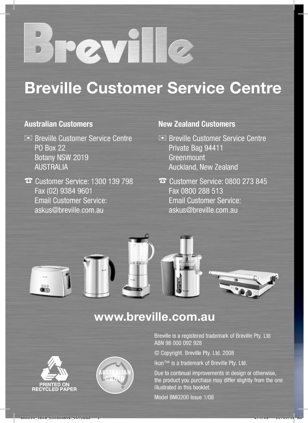 Breville BM0200 manual Breville Customer Service Centre 