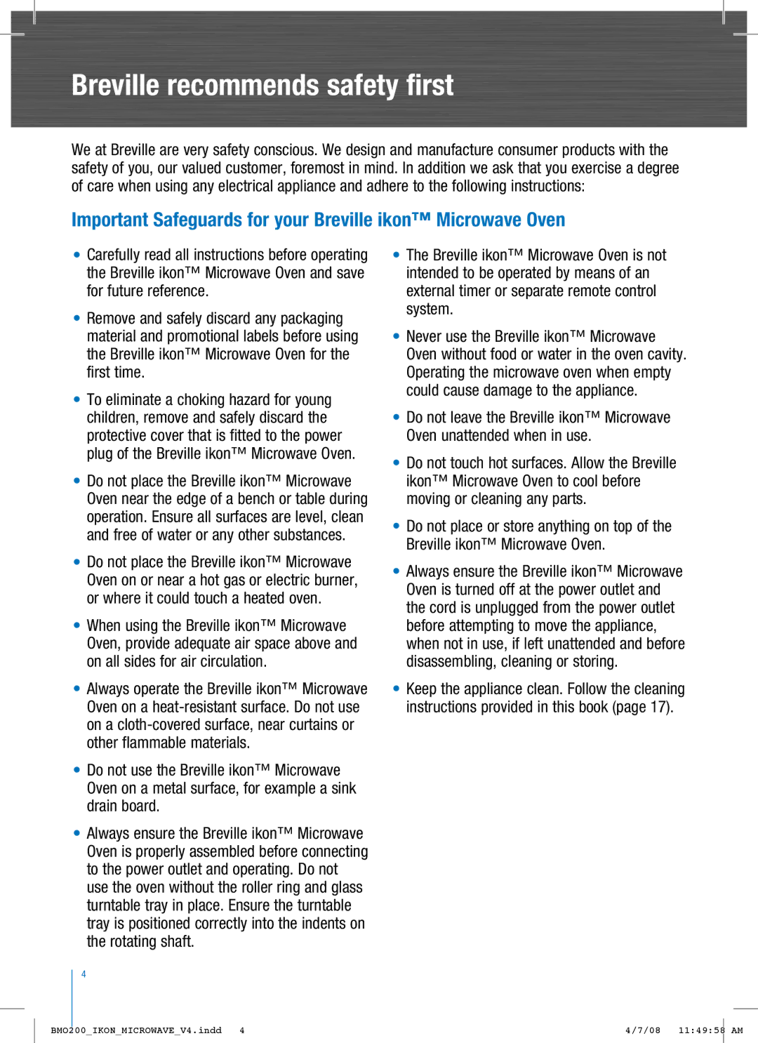 Breville BM0200 manual Breville recommends safety first, Important Safeguards for your Breville ikon Microwave Oven 