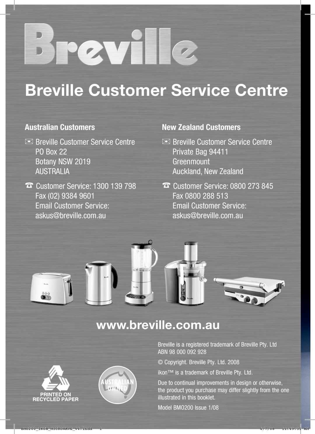 Breville BM0200 manual Australian Customers, New Zealand Customers, Breville Customer Service Centre 
