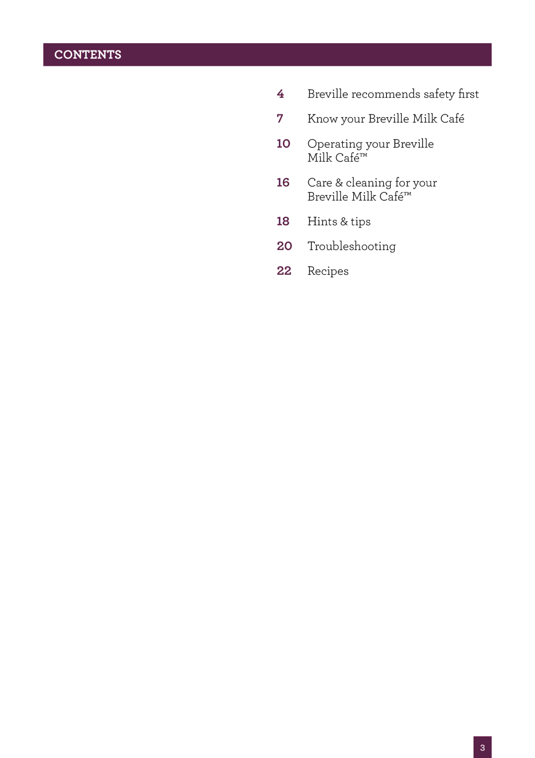 Breville BMF600 manual Contents 