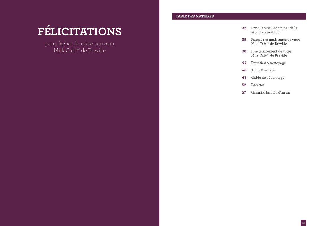 Breville BMF600XL Issue - E11 manual Félicitations, Table DES Matières 