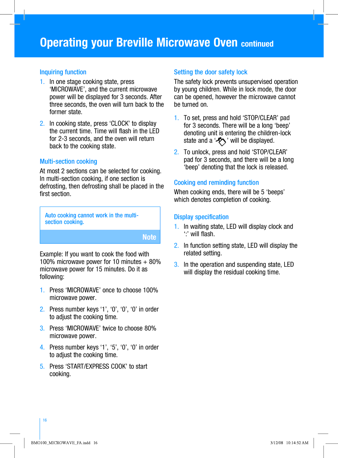 Breville BMO100 Inquiring function, Multi-section cooking, Setting the door safety lock, Cooking end reminding function 