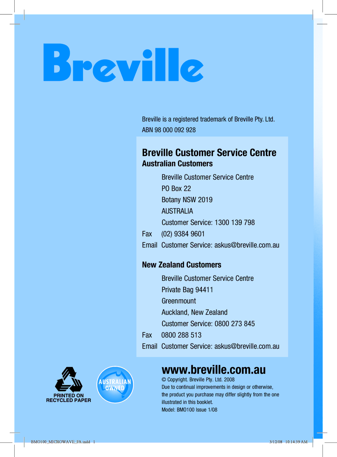 Breville BMO100 manual Breville Customer Service Centre 