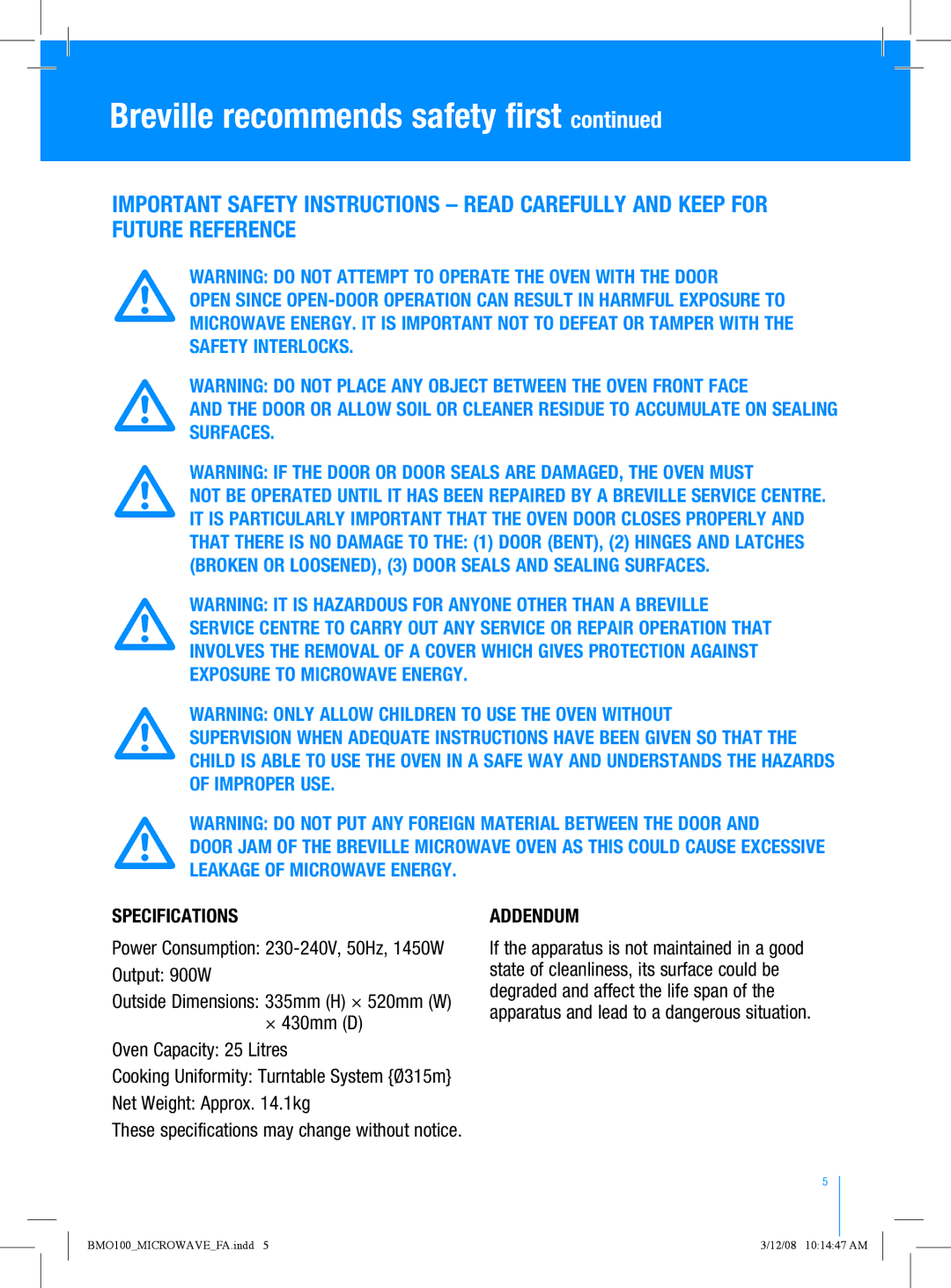 Breville BMO100 manual Addendum 