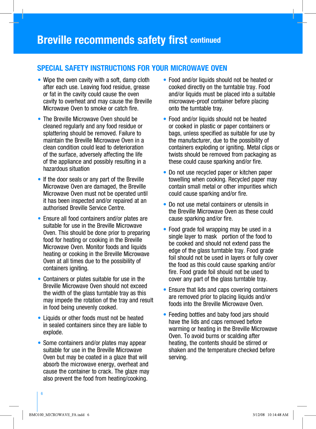 Breville BMO100 manual Special Safety Instructions for Your Microwave Oven 