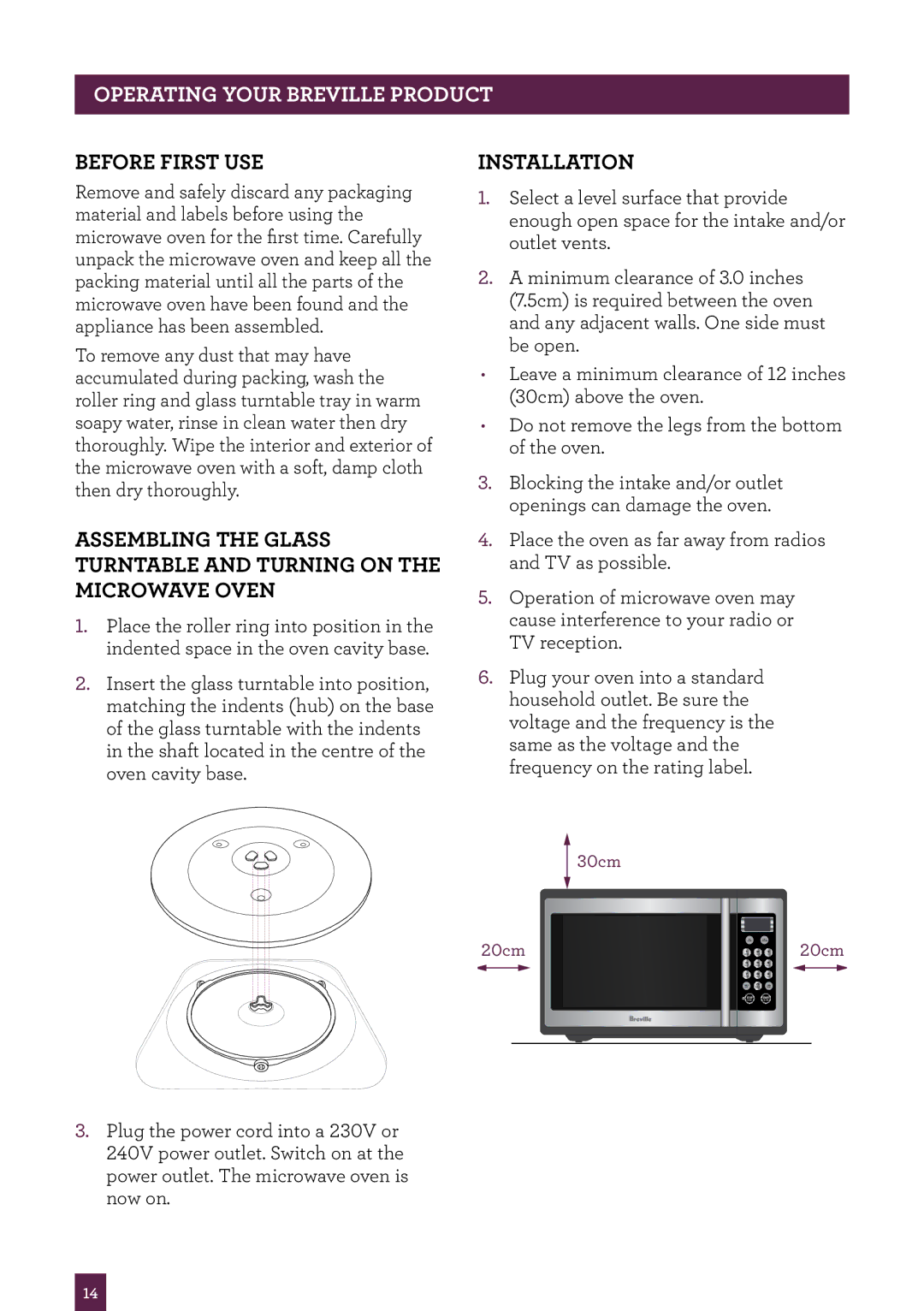 Breville BMO300 brochure PAgeOperatinghe deryour Breville Product, Before first use, Installation 