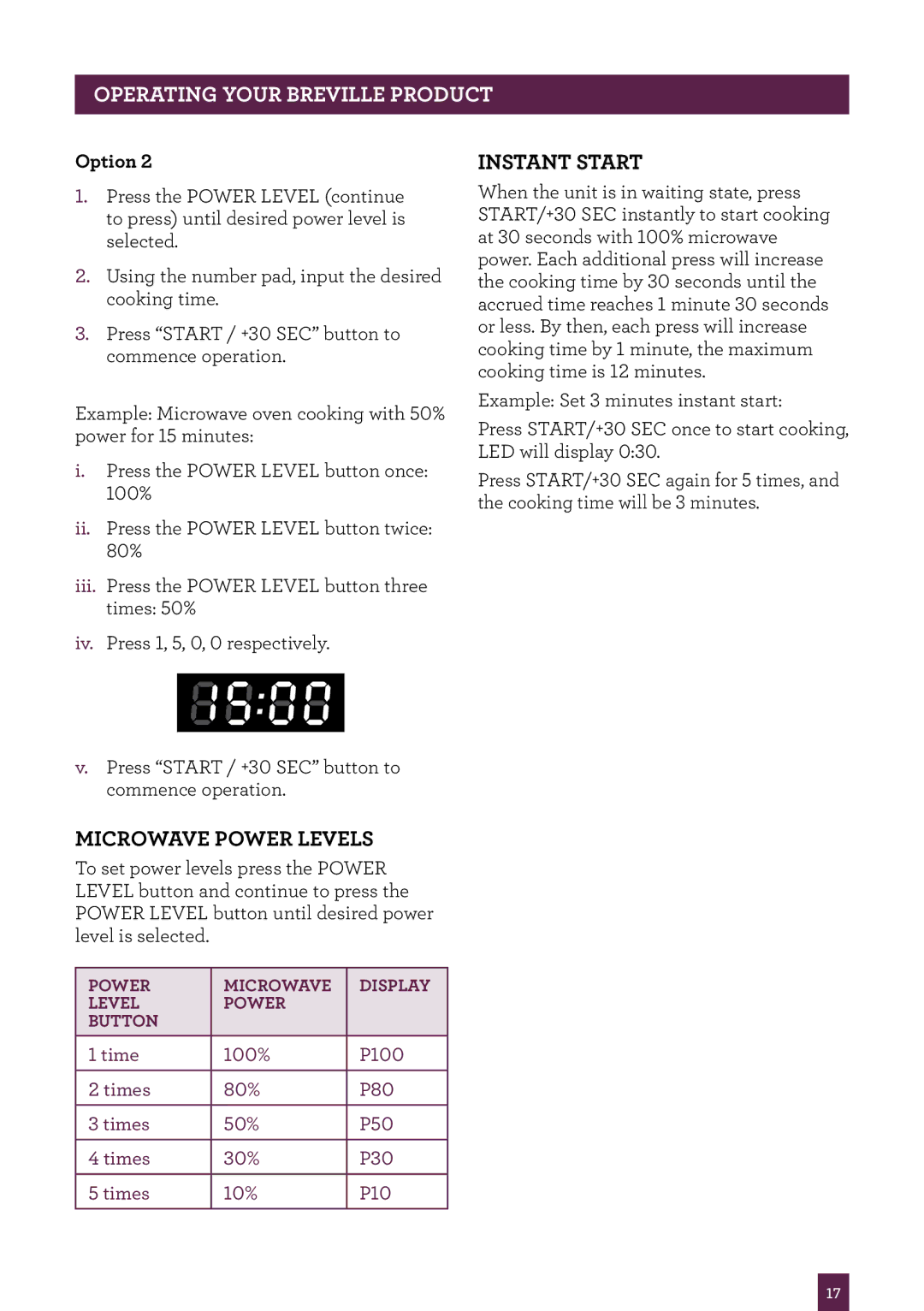 Breville BMO300 brochure Operating your Breville Product, Microwave power levels, Instant Start 