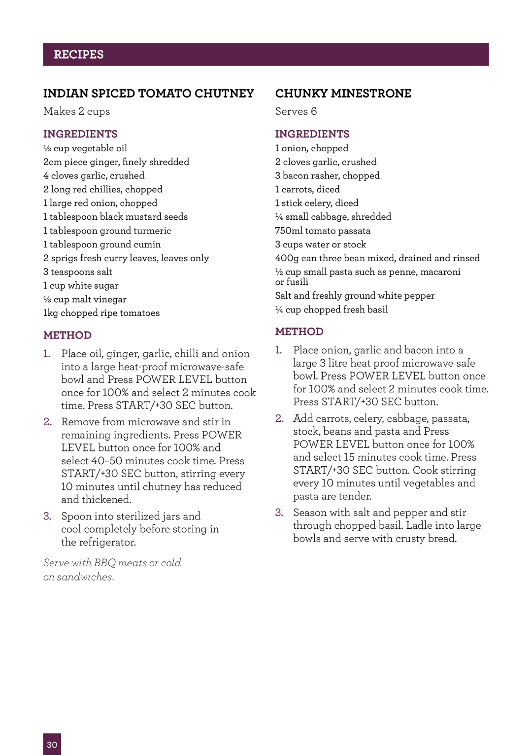 Breville BMO300 brochure PAgeRECIPESheader, Indian Spiced Tomato Chutney, Chunky minestrone 