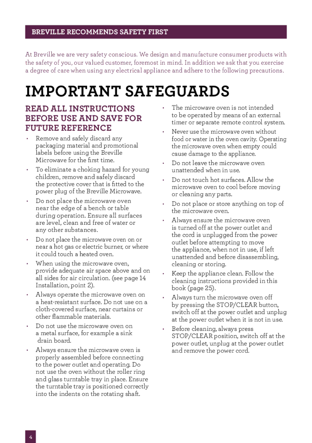 Breville BMO300 brochure Important safeguards, Breville recommends safety first 