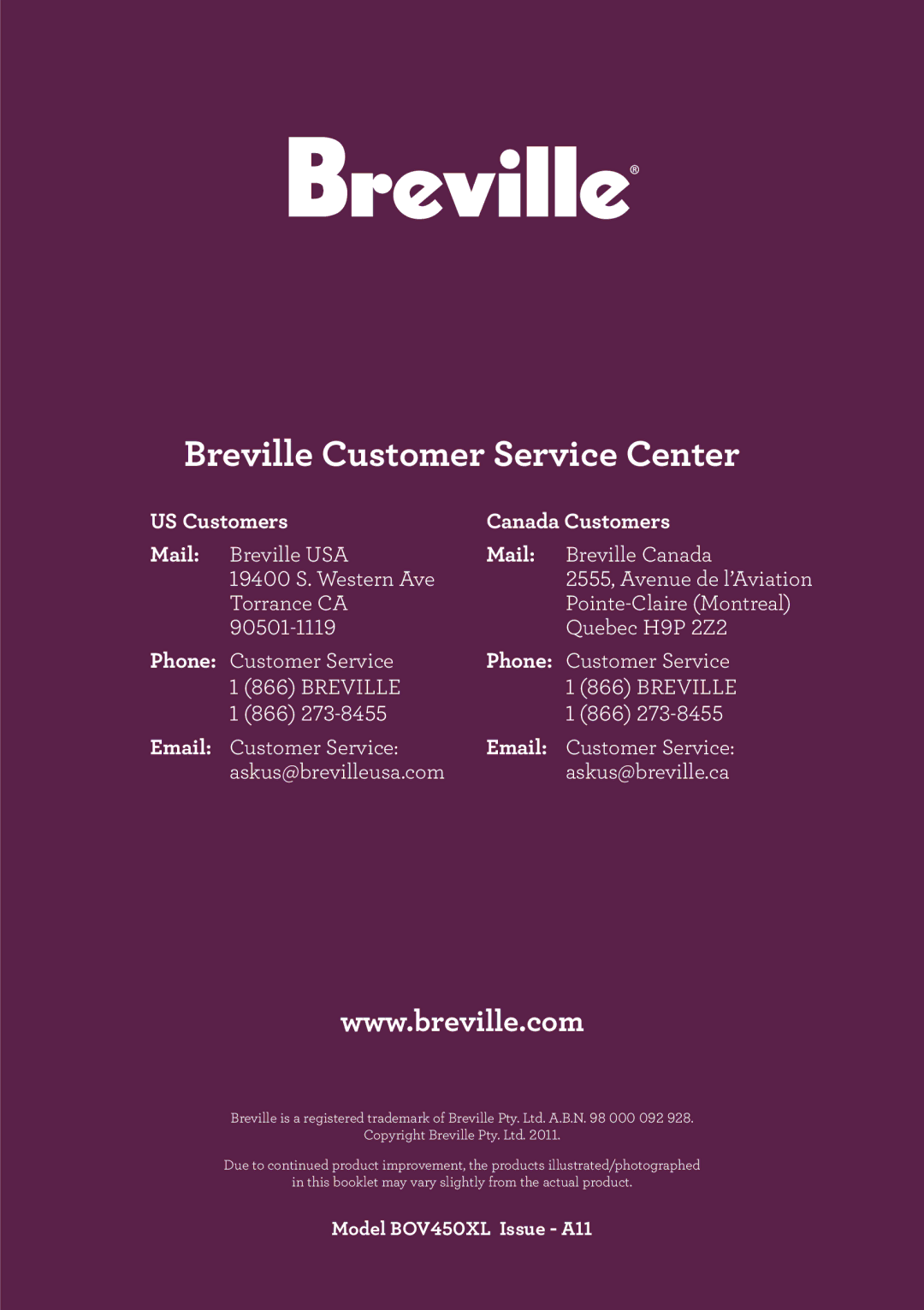 Breville BOV450XL manual Breville Customer Service Center 