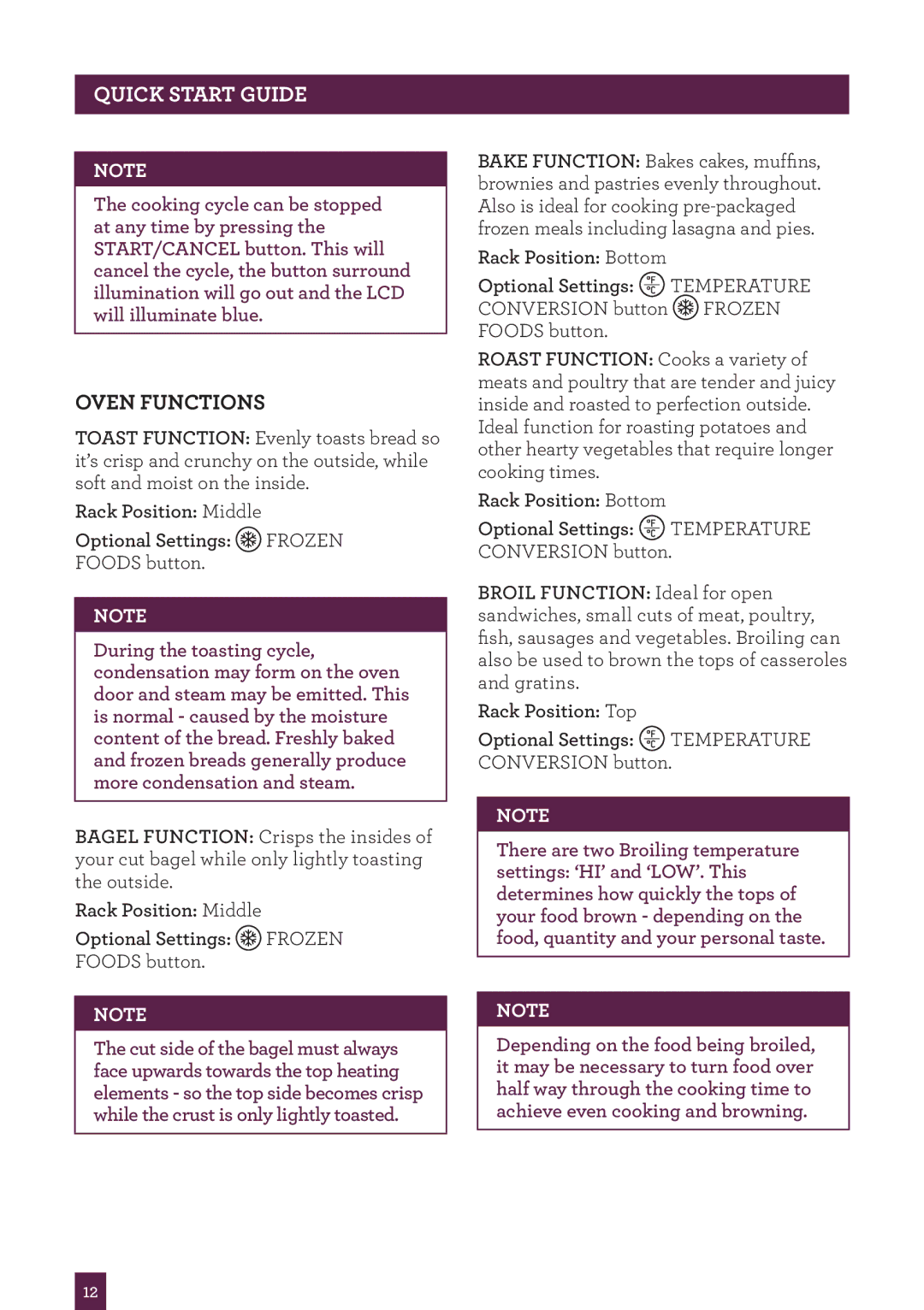 Breville BOV450XL manual Oven Functions, Rack Position Middle Optional Settings Frozen, Rack Position Bottom 