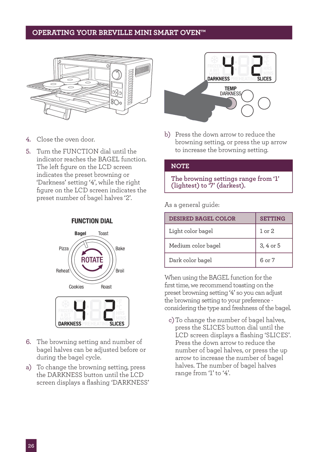 Breville BOV450XL manual Desired Bagel Color Setting 