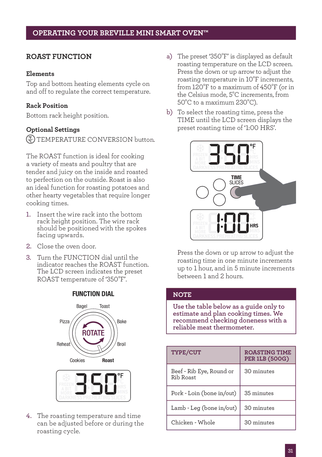 Breville BOV450XL manual Roast Function, Type/Cut 