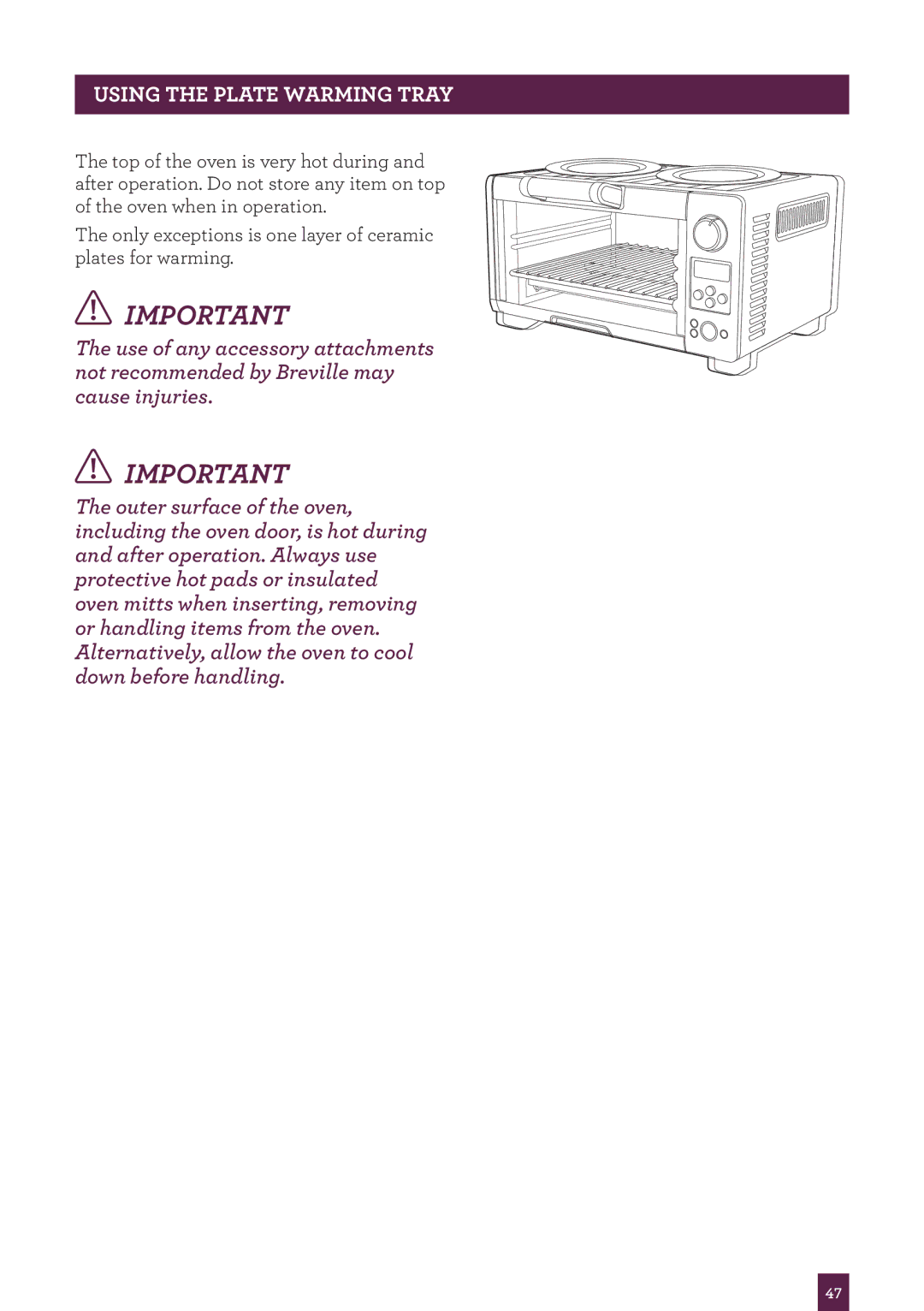 Breville BOV450XL manual Using the Plate Warming Tray 