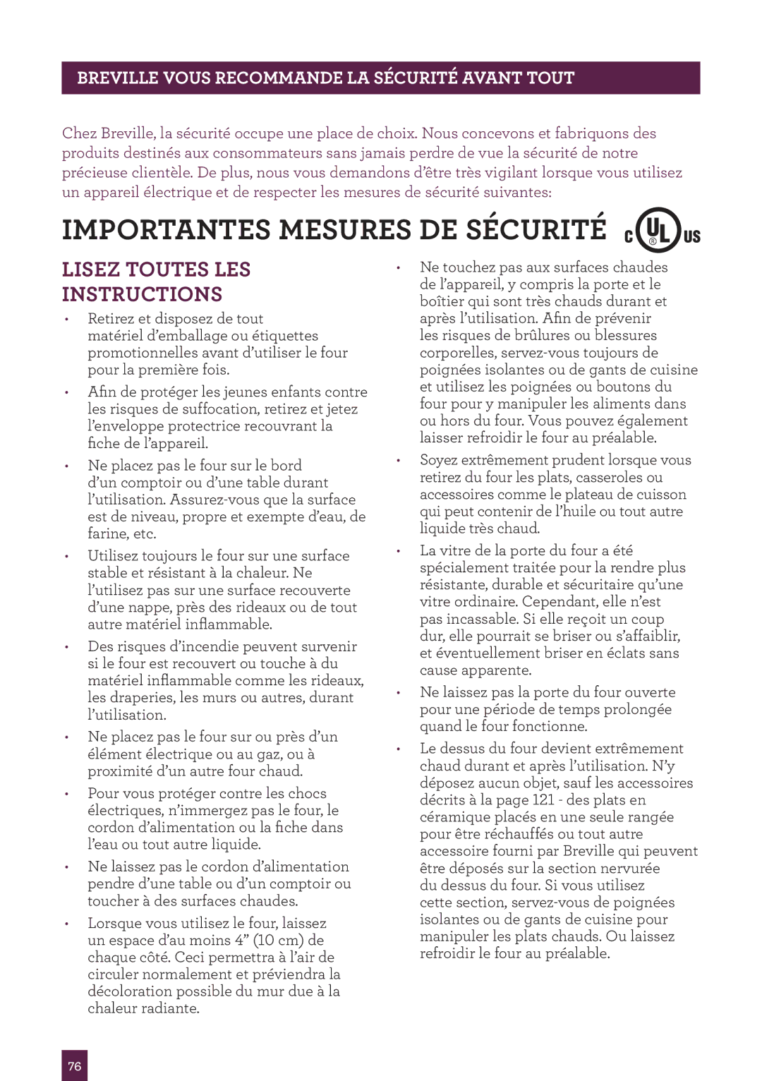 Breville BOV450XL manual Importantes Mesures DE Sécurité, Breville Vous Recommande LA Sécurité Avant Tout 