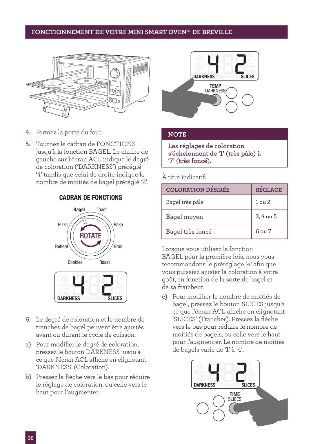 Breville BOV450XL manual Bagel moyen Bagel très foncé 