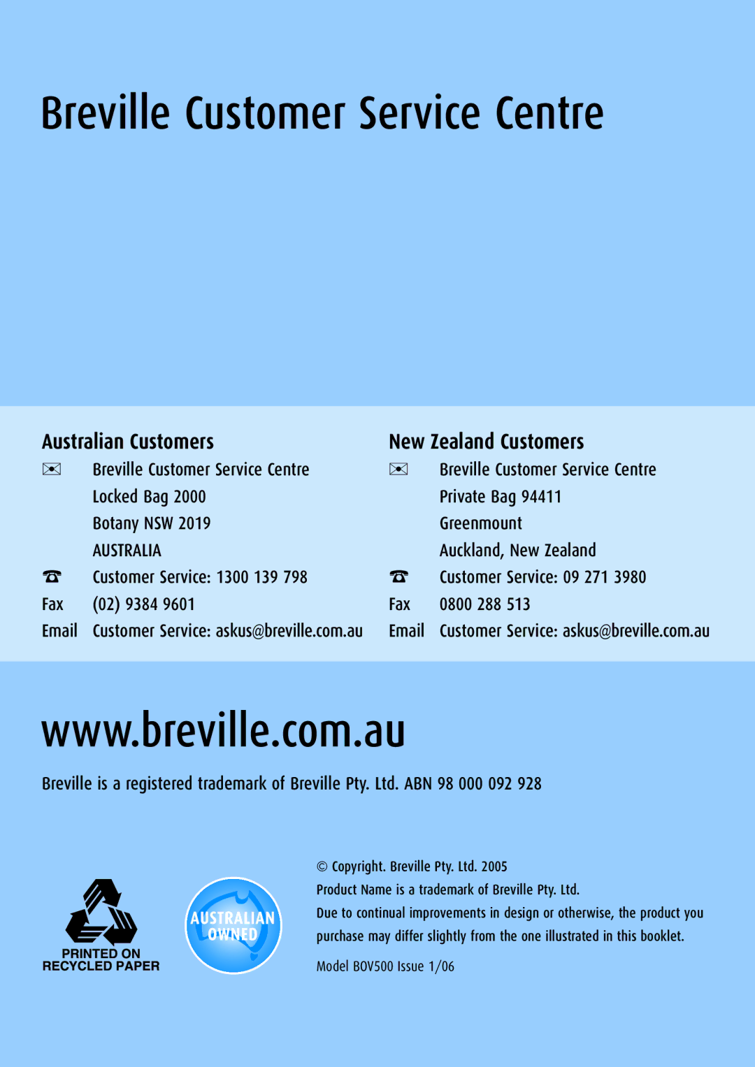 Breville BOV500 manual Breville Customer Service Centre 