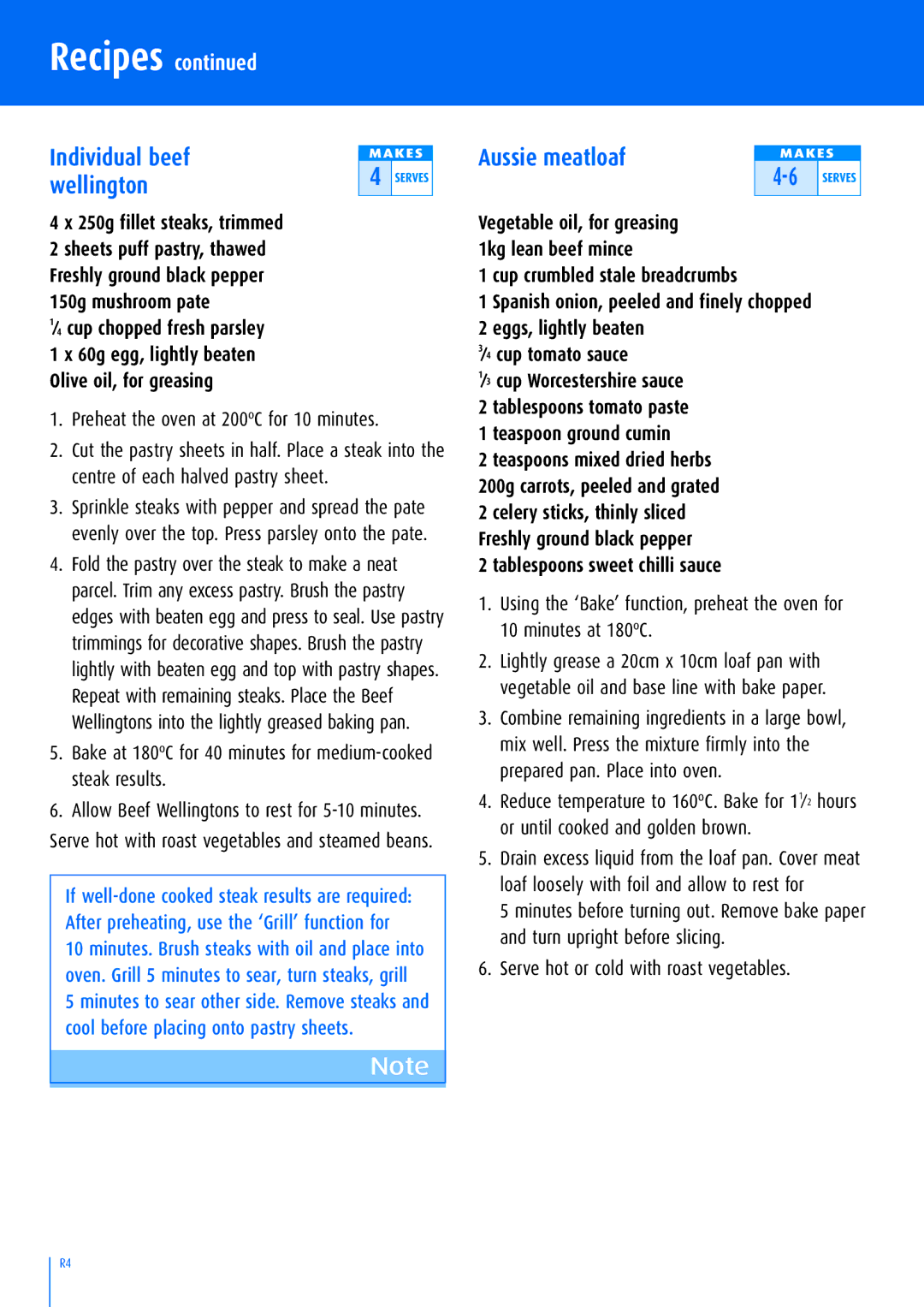 Breville BOV500 manual Individual beef Wellington, Aussie meatloaf, Preheat the oven at 200ºC for 10 minutes 