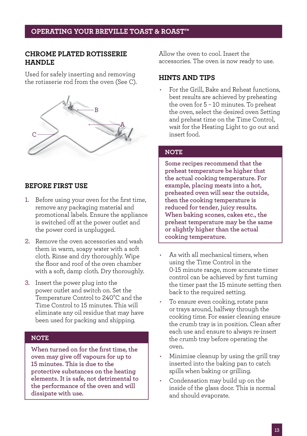 Breville BOV550 manual Chrome plated rotisserie handle, Before first use, Hints and tips 