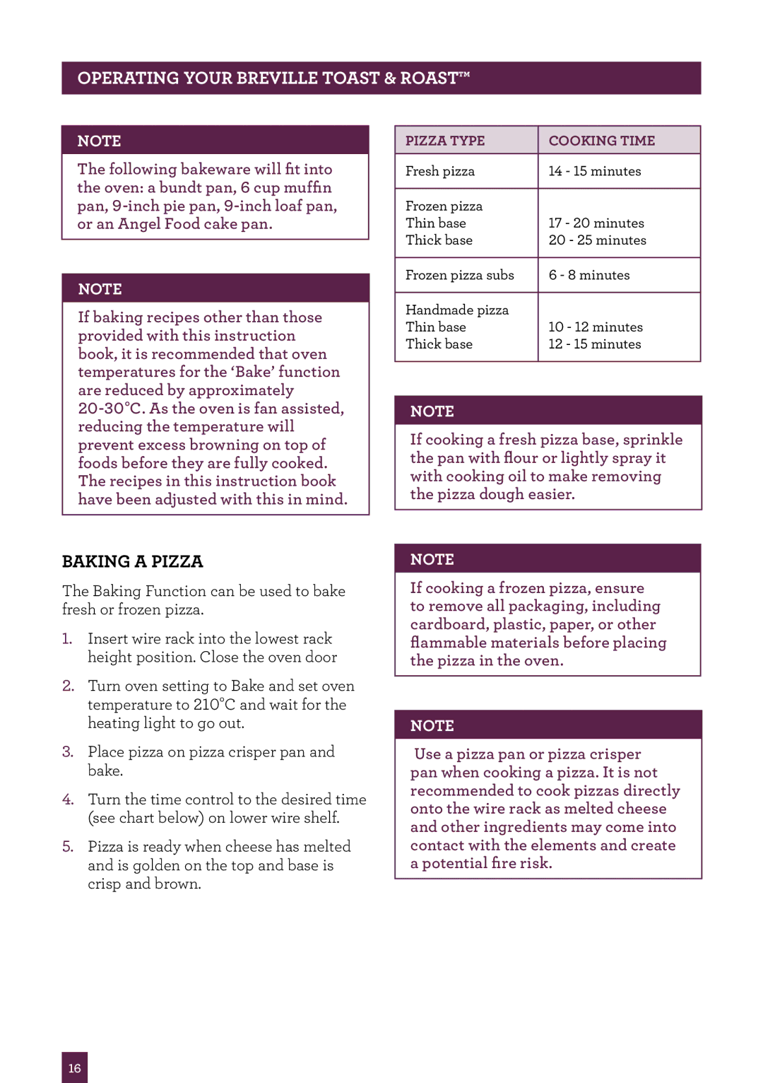 Breville BOV550 manual Baking a Pizza, Pizza Type Cooking Time 